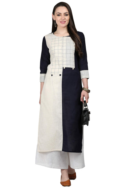 ANNI DESIGNER Women's Black & White Color Rayon Fancy Long Thread & Button Work Kurti(KUR190074_Black & White)