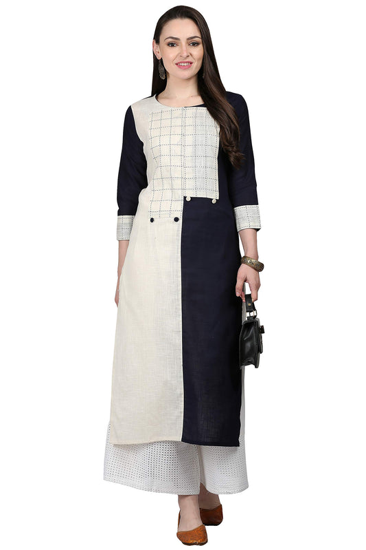 ANNI DESIGNER Women's Black & White Color Rayon Fancy Long Thread & Button Work Kurti(KUR190074_Black & White)