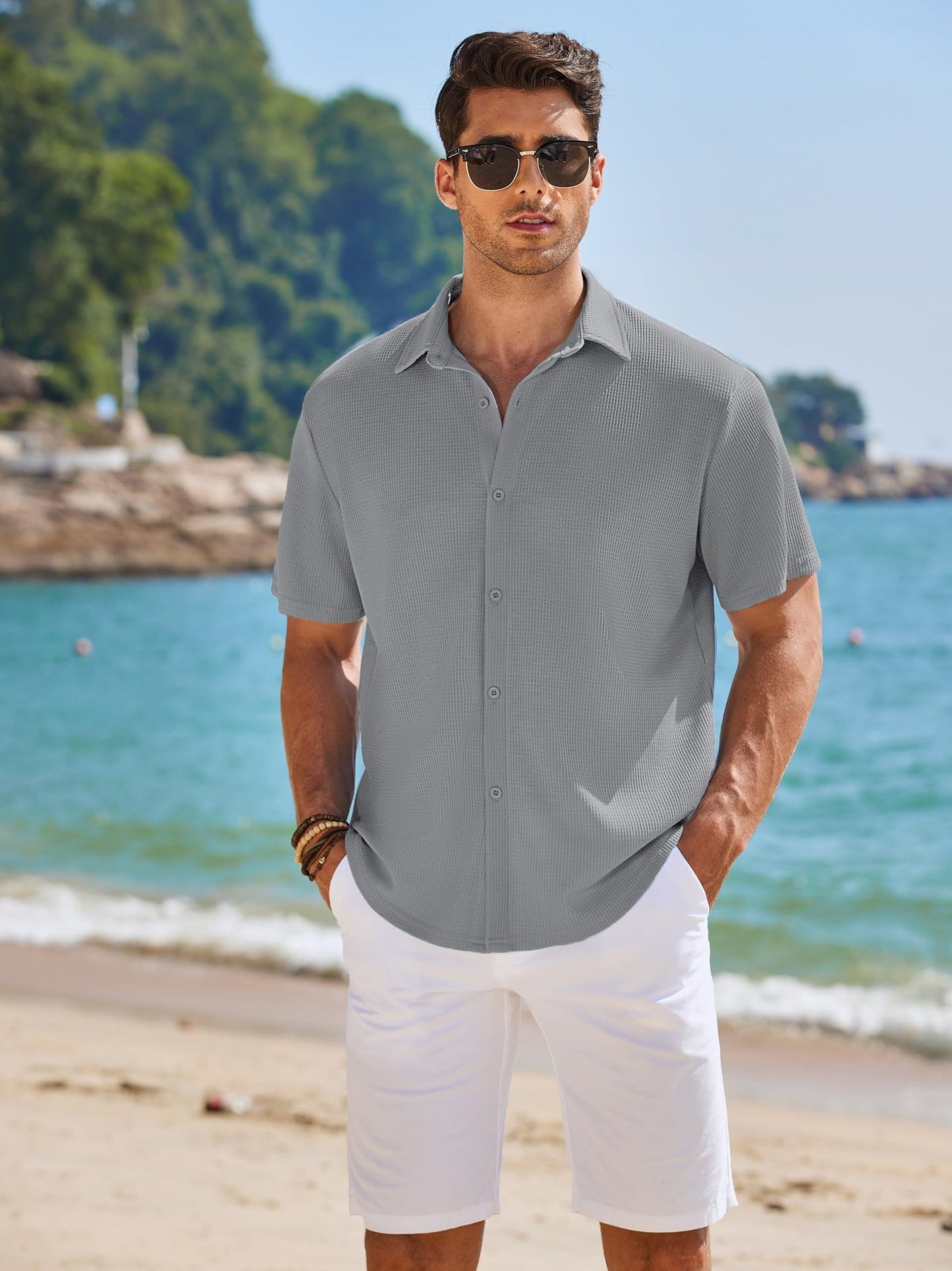 CB-COLEBROOK Mens Waffle Knit Textured Button-Down Wrinkle Free Casual Shirts, Short Sleeves, Summer Beach Tops (in, Alpha, XL,