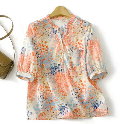 Gufrina WomenS Soft Orange Abstract Printed Western Top With Mandarin Collar, Half Button Placket And Relaxed Puff Sleeves(Oran