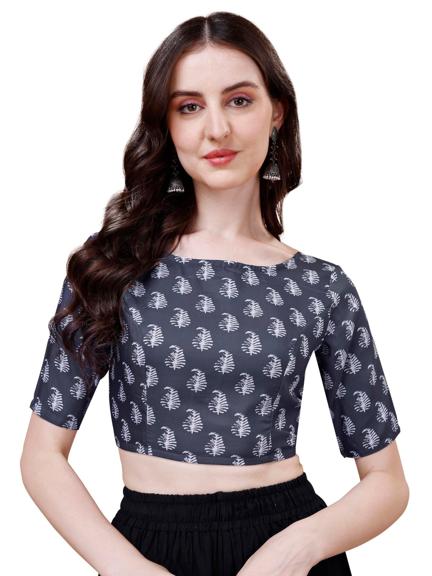 Oomph! WomenS Indian Ethnic Wear Designer Paislay Pattern Boat Neck Half Sleeve Cotton Indigo Blue Blouse For Saree Or Lehnga A