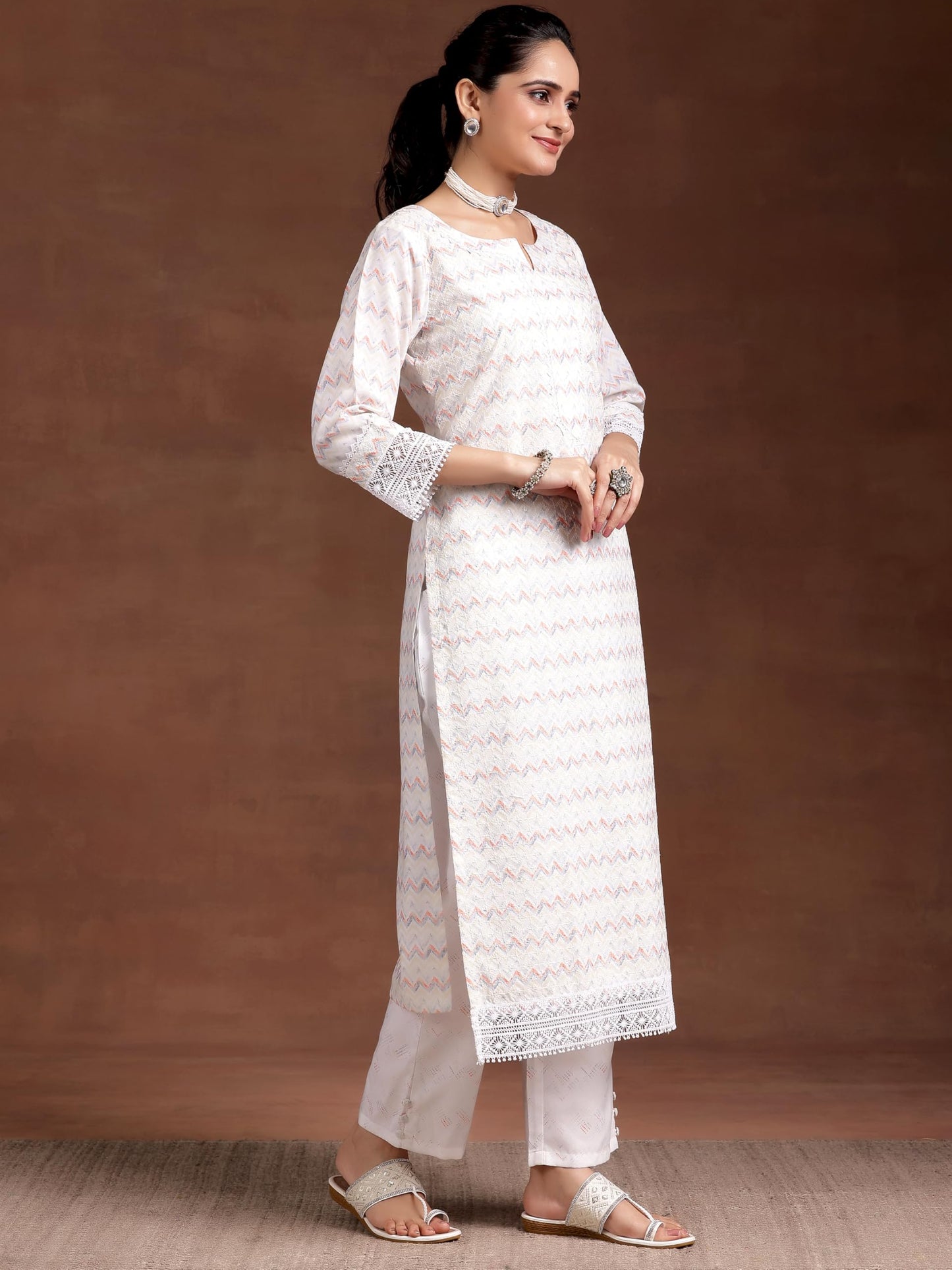 Libas Womens Embroidered Cotton Blend Straight Kurta With Palazzos And Dupatta