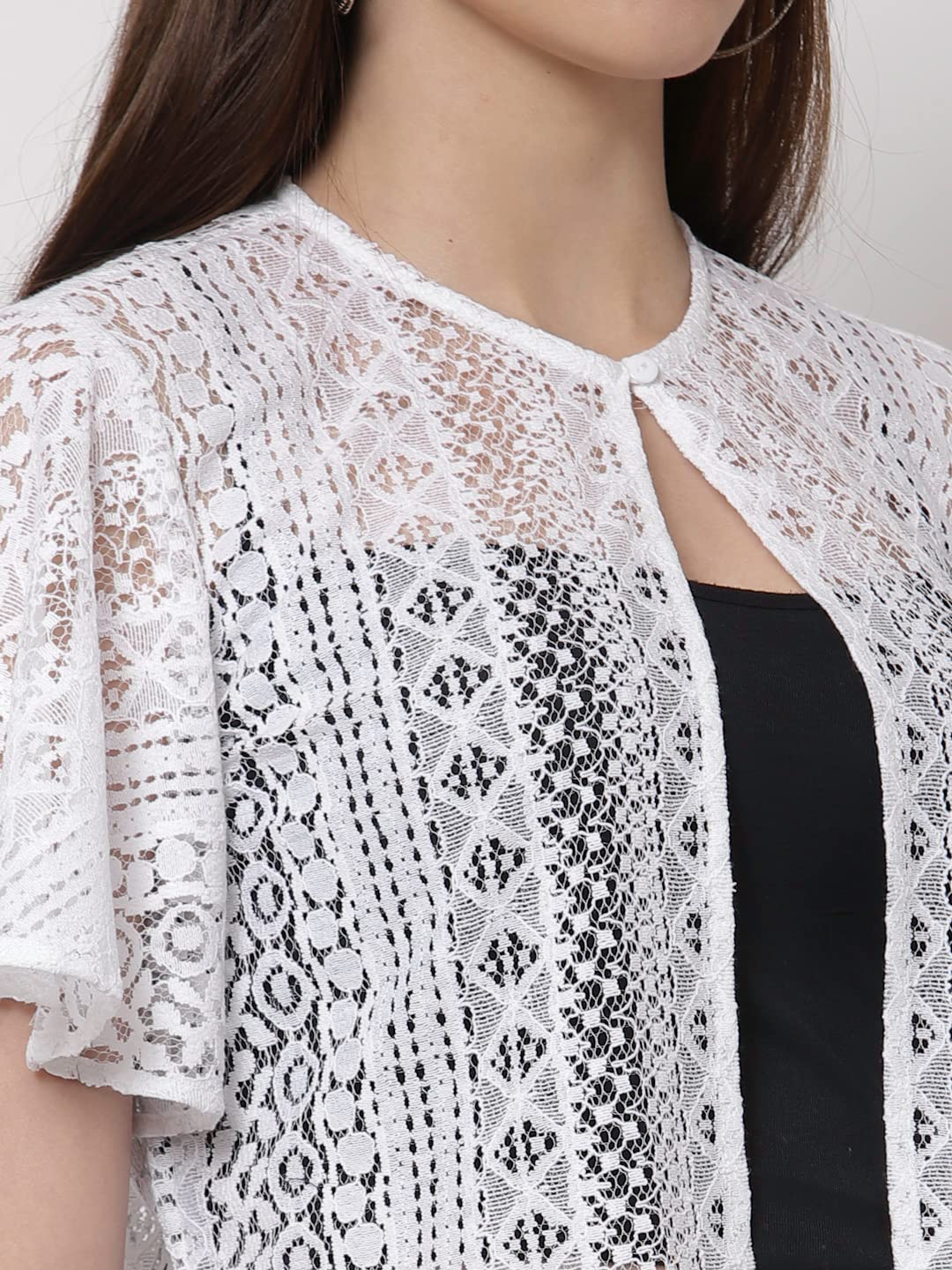 Style Quotient Women Off White Self Design Lace Open Front Smart Casual Shrug