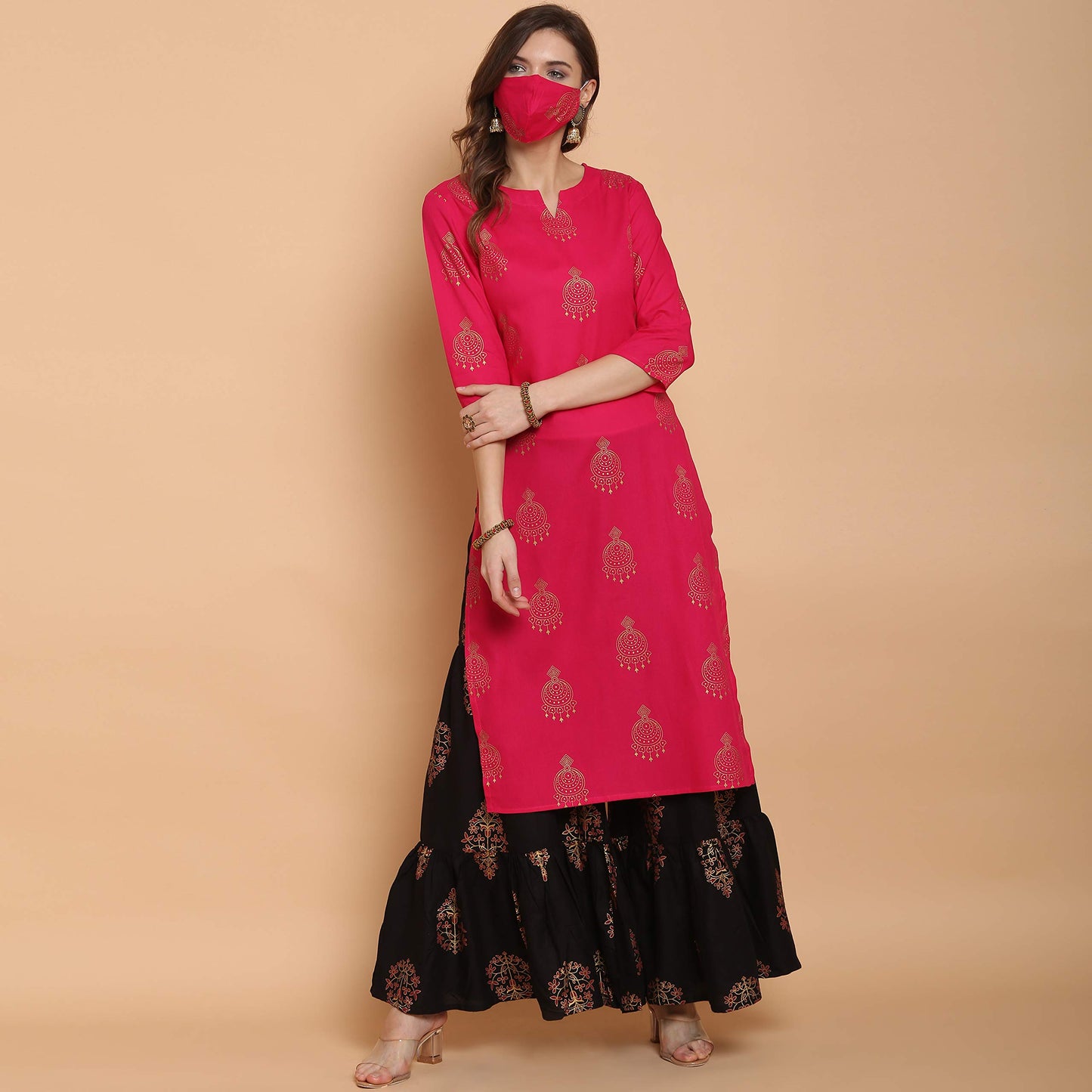 ANNI DESIGNER Women's Rayon Straight Printed Kurta with Sharara