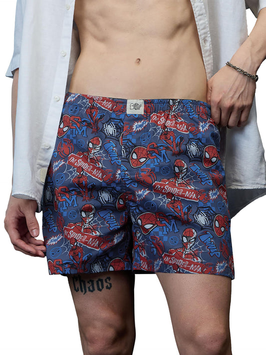 The Souled Store Spider-Man: Thwip Men and Boys Blue All Over Printed Regular Fit Cotton Boxer Shorts