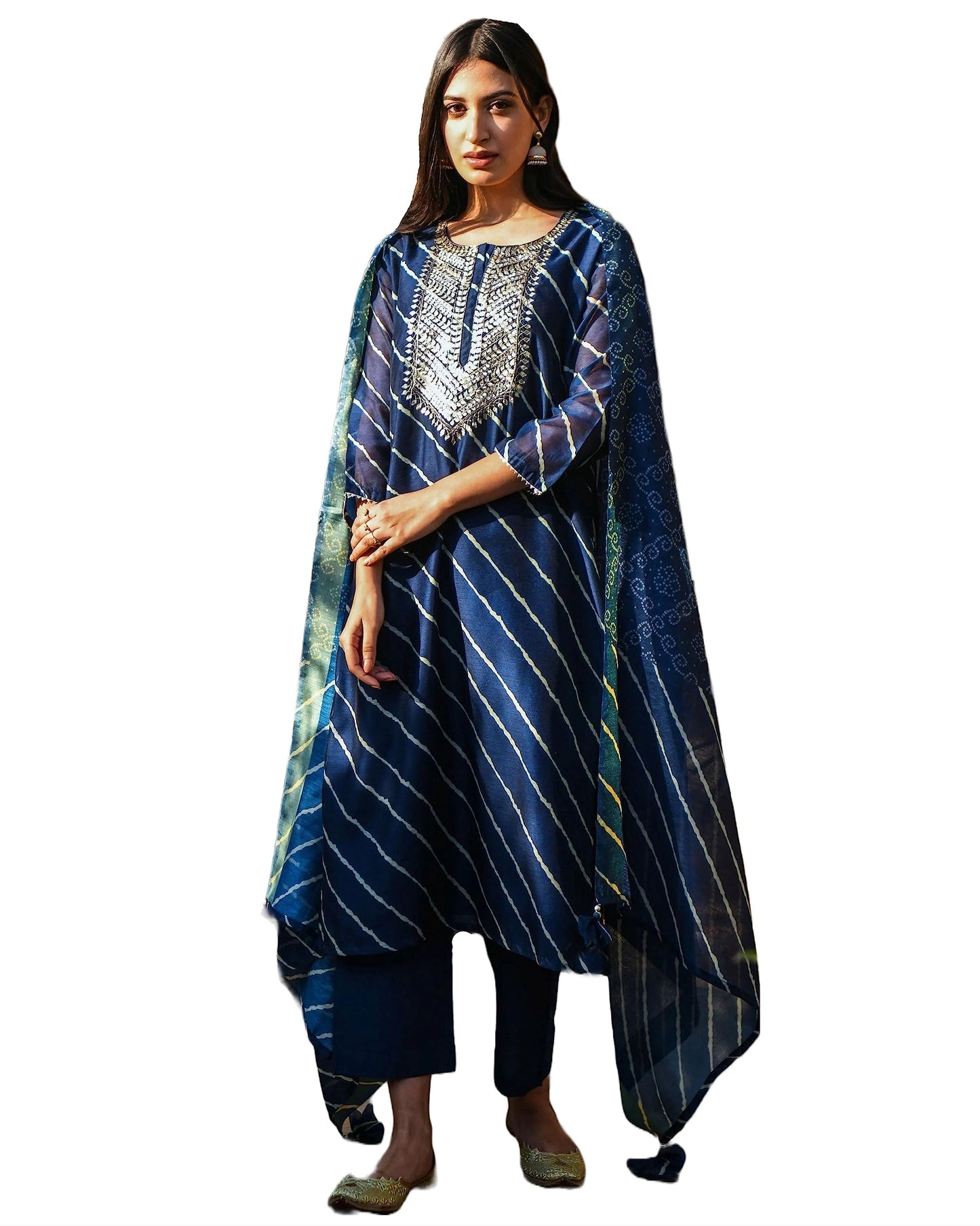 GoSriKi Womens Cotton Blend Straight Printed Kurta with Pant & Dupatta (Doremi Navy-GS_4XL_Navy Blue_XXXX-Large)