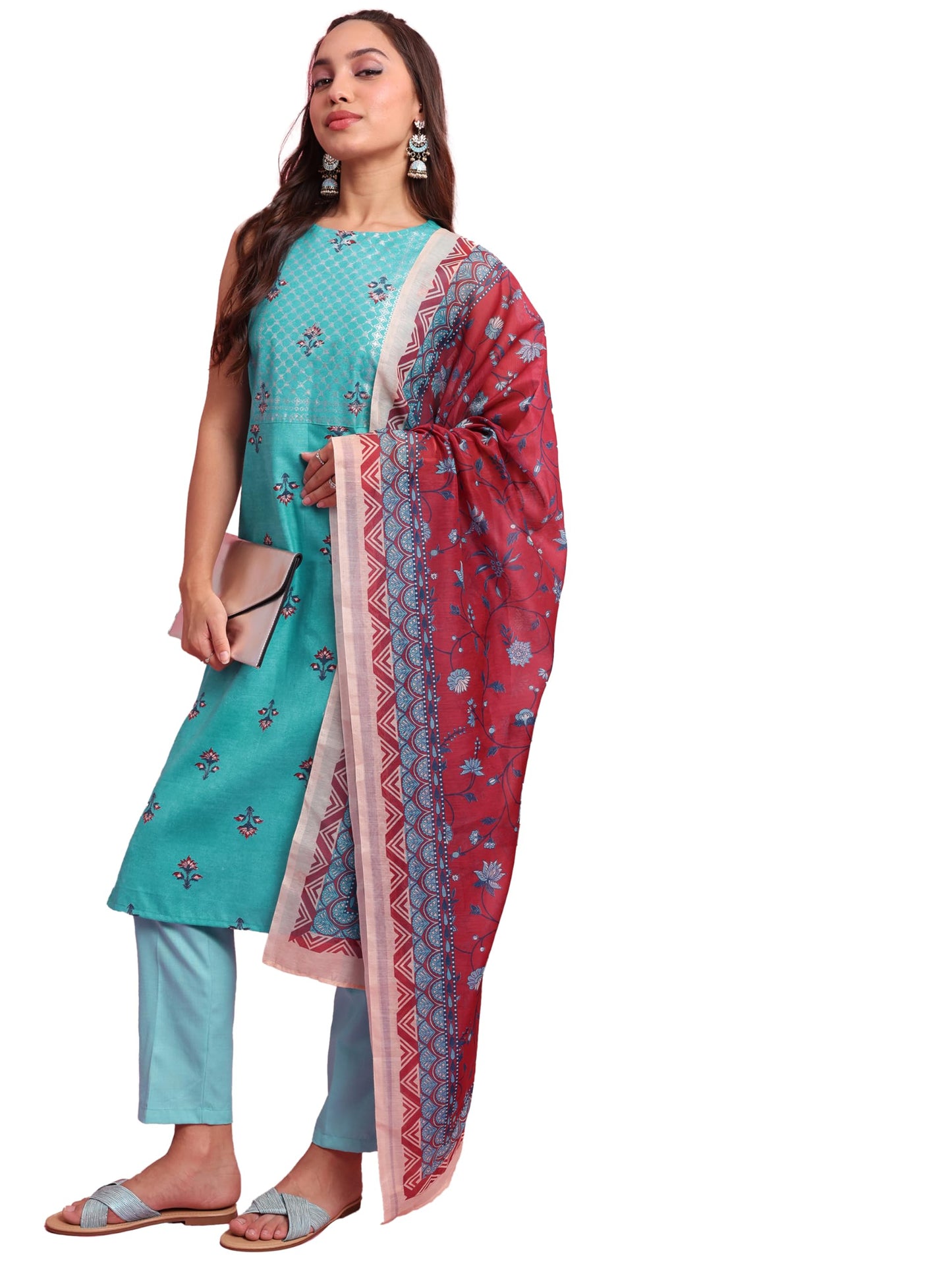Ketch Womens Sleeveless Regular Fit Ethnic Set Khk3001065 Turquoise/Blue M