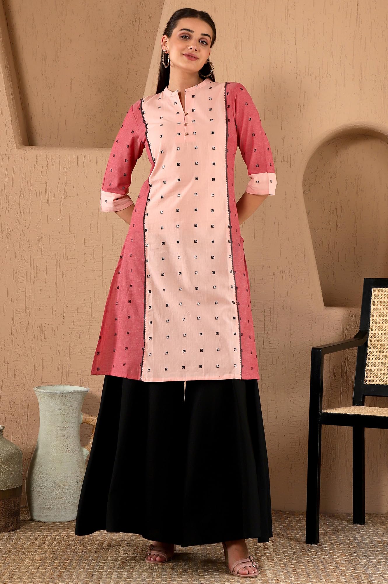 W For Woman Light Red Geometric Printed Regular Kurta