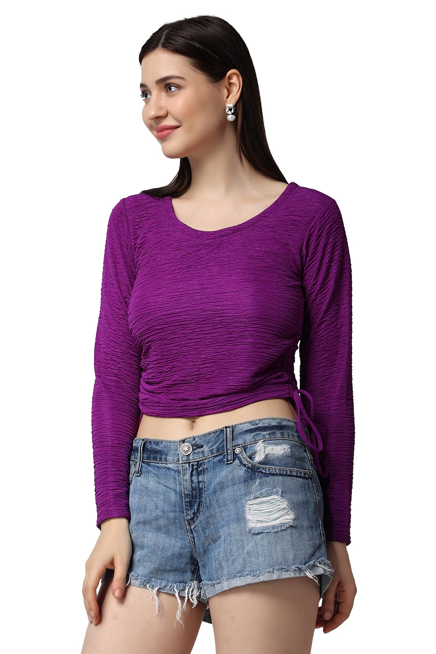 POPWINGS Casual Self Design Regular Fit Polyester Full Sleeves Crop Tops for Women with Crush String Violet