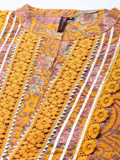 ishin Women's Cotton Blend Mustard Embroidered A-Line Kurta Set with Trouser and Dupatta