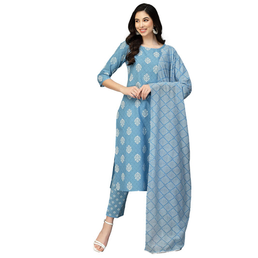 Stylum Women's Printed Rayon Straight Kurta Pant Dupatta Set (Blue)