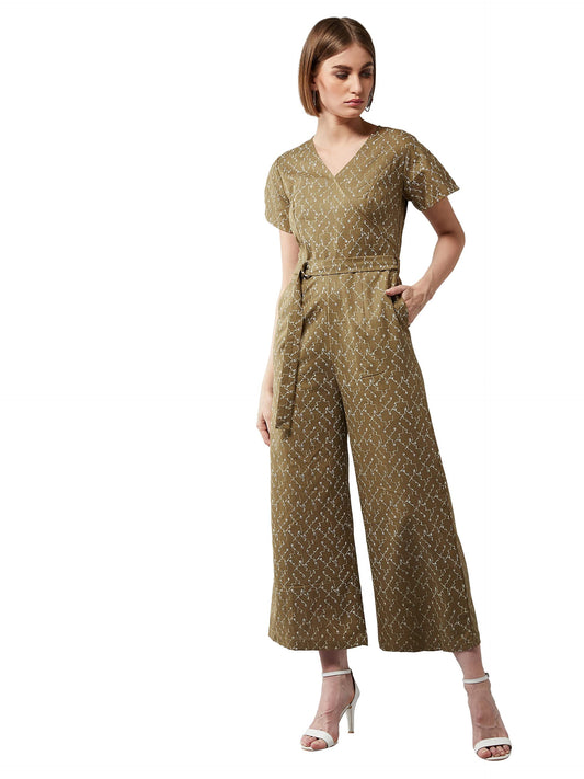 Dolce Crudo Womens Olive Geen V-Neck Half Sleeves Abstract Printed Wide Leg Tie-up Jumpsuit (DOSS20D04-59-213_Multicoloured_XS)