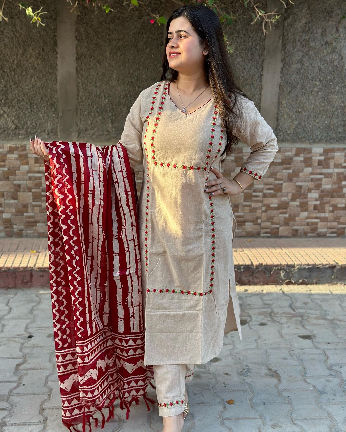 GoSriKi Womens Cotton Blend Straight Embroidered Kurta with Pant & Dupatta (DD Beige-NW-GS_XXL_Beige_XX-Large)