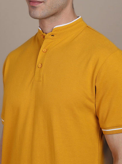 Dennis Lingo MenS Cotton Mustard Solid Stand Collar T-Shirt