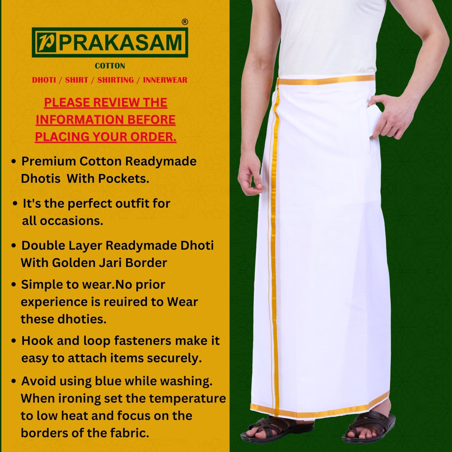 Prakasam Cotton Mens Free Size Stitched Double Layer White Dhoti/Mens Cotton Double Stitched Dhoti (Pack Of 1 Dhoti Only)