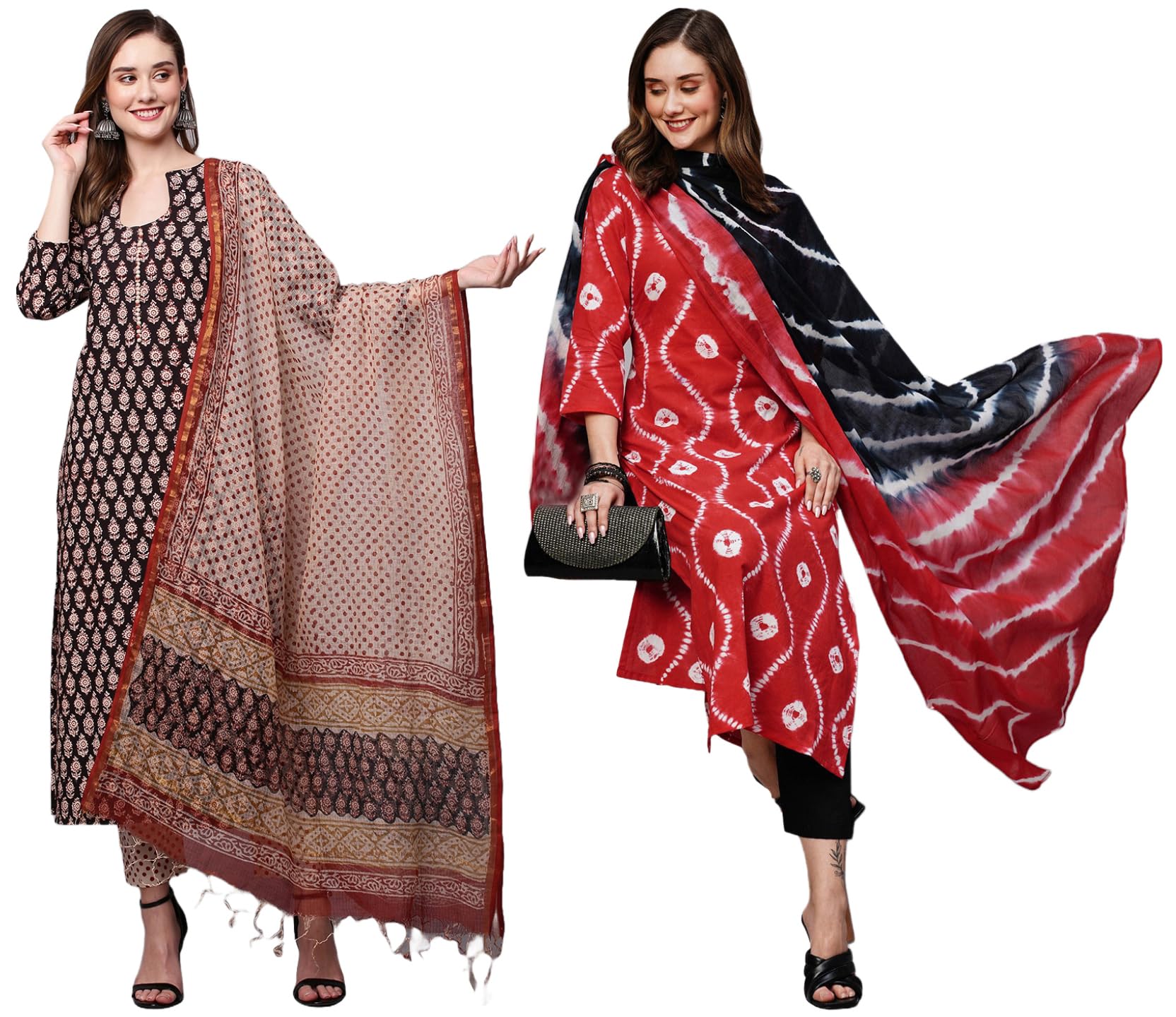 Anni Designer WomenS Cotton Blend Printed Straight Kurta With Pant Pack Of 2 (Combo-Nayantara Black-Mayavi Red_Multicolor_X-Larg