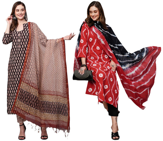 Anni Designer WomenS Cotton Blend Printed Straight Kurta With Pant Pack Of 2 (Combo-Nayantara Black-Mayavi Red_Multicolor_X-Larg