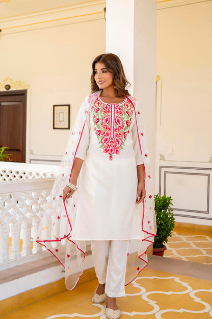 Yashika Women's Cotton Blend Embroidered Set: This Elegant Ensemble For Special & Casual Wear, Includes A Straight Kurta Pant With Dupatta Set