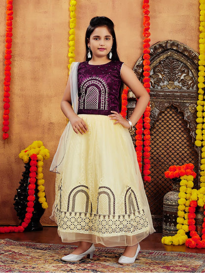 Aarika Girls Ethnic Wear Purple-Beige Colour Thread Embroidery Net Lehenga Choli Set (4-10 Years)