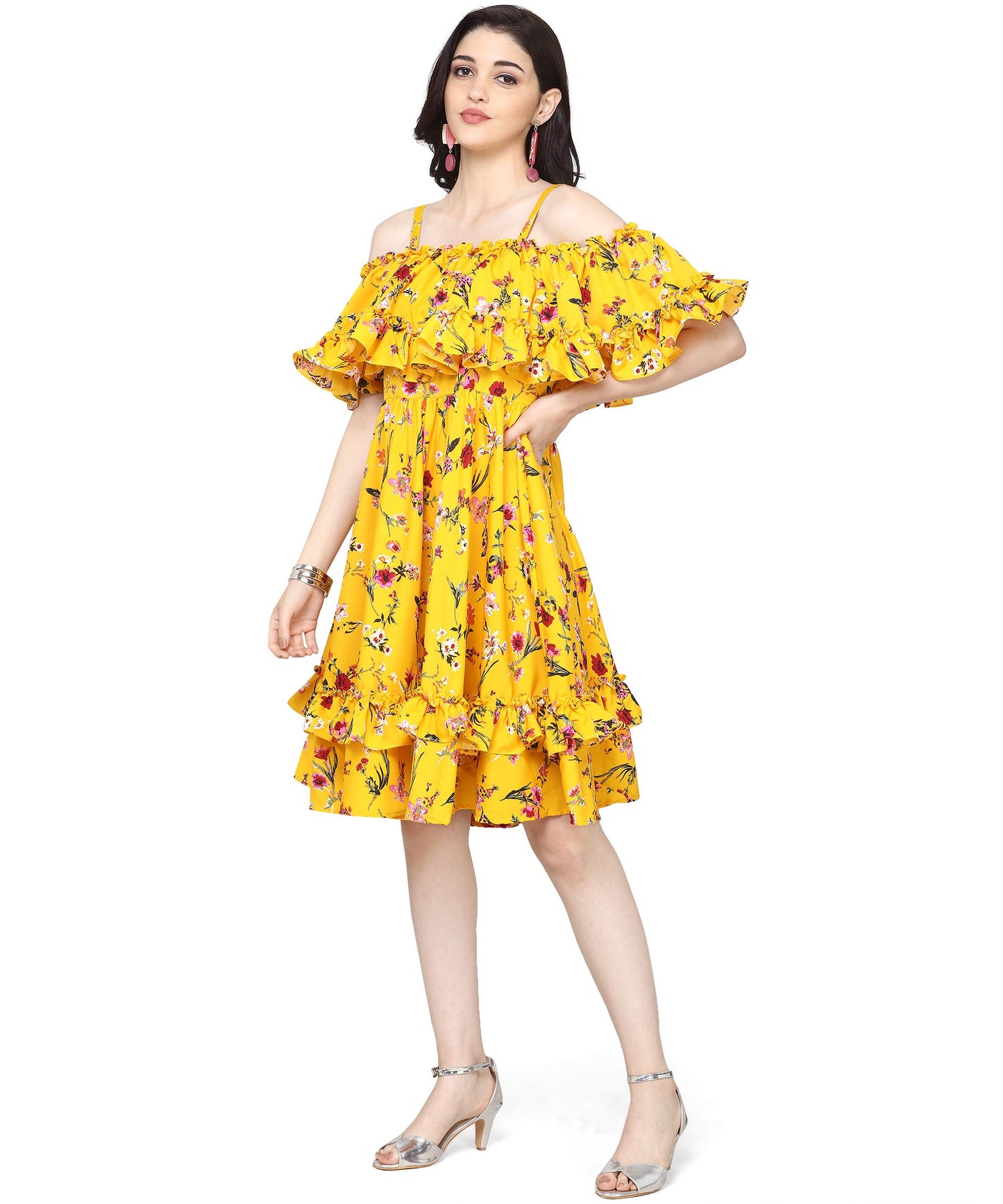 Oomph! WomenS Western & Fusion Wear Crepe Pleated Knee-Long Dress - Tuscansun Yellow