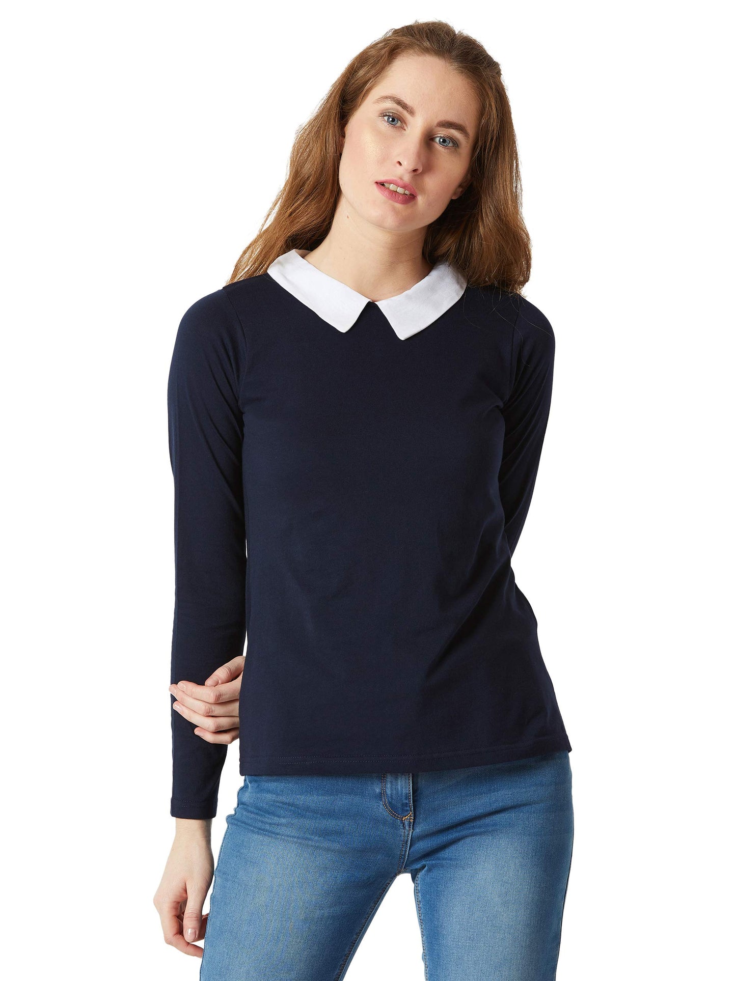Miss Chase WomenS Navy Blue Collared Round Neck Full Sleeves Cotton Solid Buttoned Top (Mcaw17Tp08-97-71-06, Navy Blue, X-Large