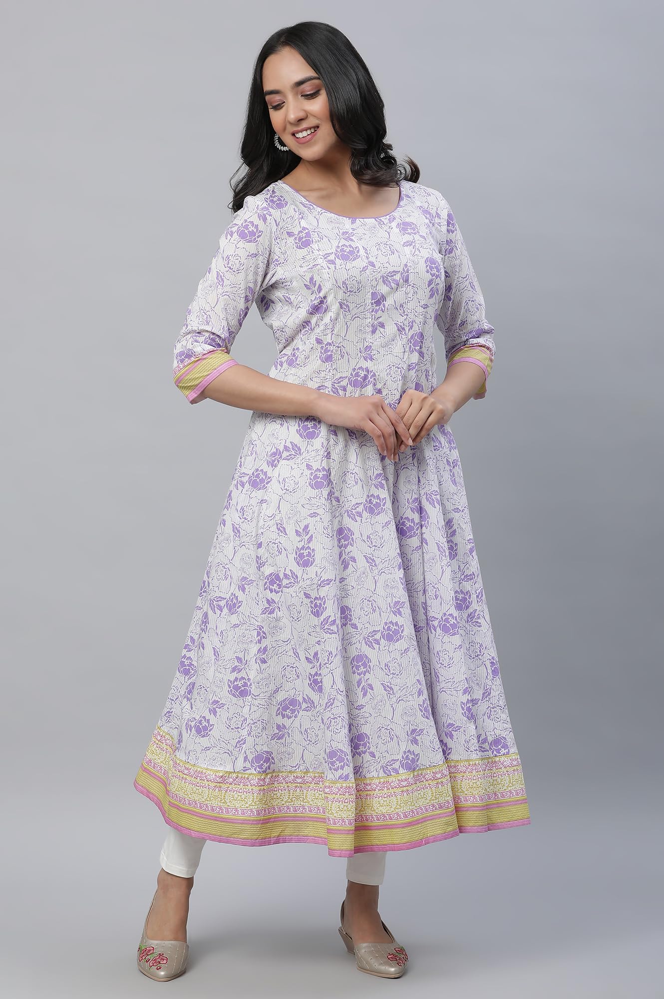 Aurelia White Cotton Floral Printed Printed Anarkali Kurta For Women