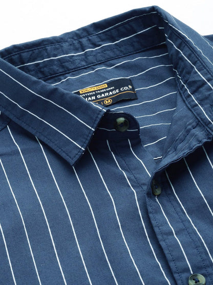 The Indian Garage Co Blue Regular Fit Cutaway Collar Striped Long Sleeves Shirt