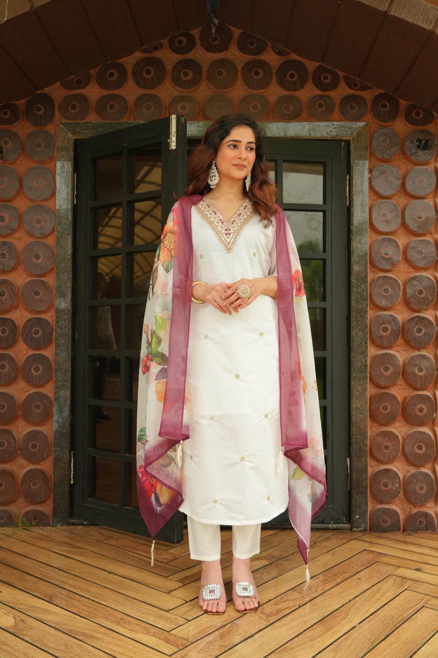 Rieka Women Embroidered Kurta Set With Floral Printed Dupatta & Straight Pant | Ethnic Wear Set For Women | Silk Blend Kurta Set