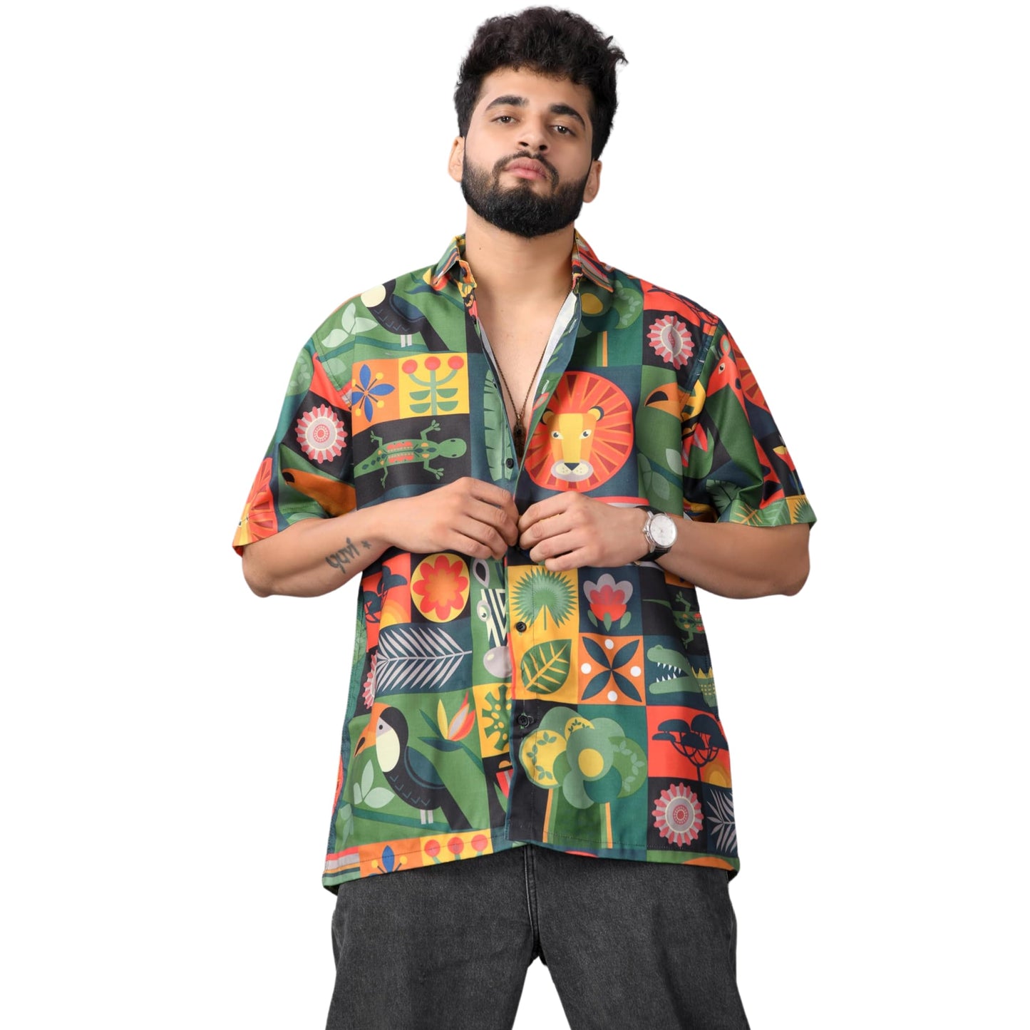 Brown Culture MenS Cotton Blend Abstract Print Shirt With Spread Collared Half Sleeves Standard Length And Button Down Closure