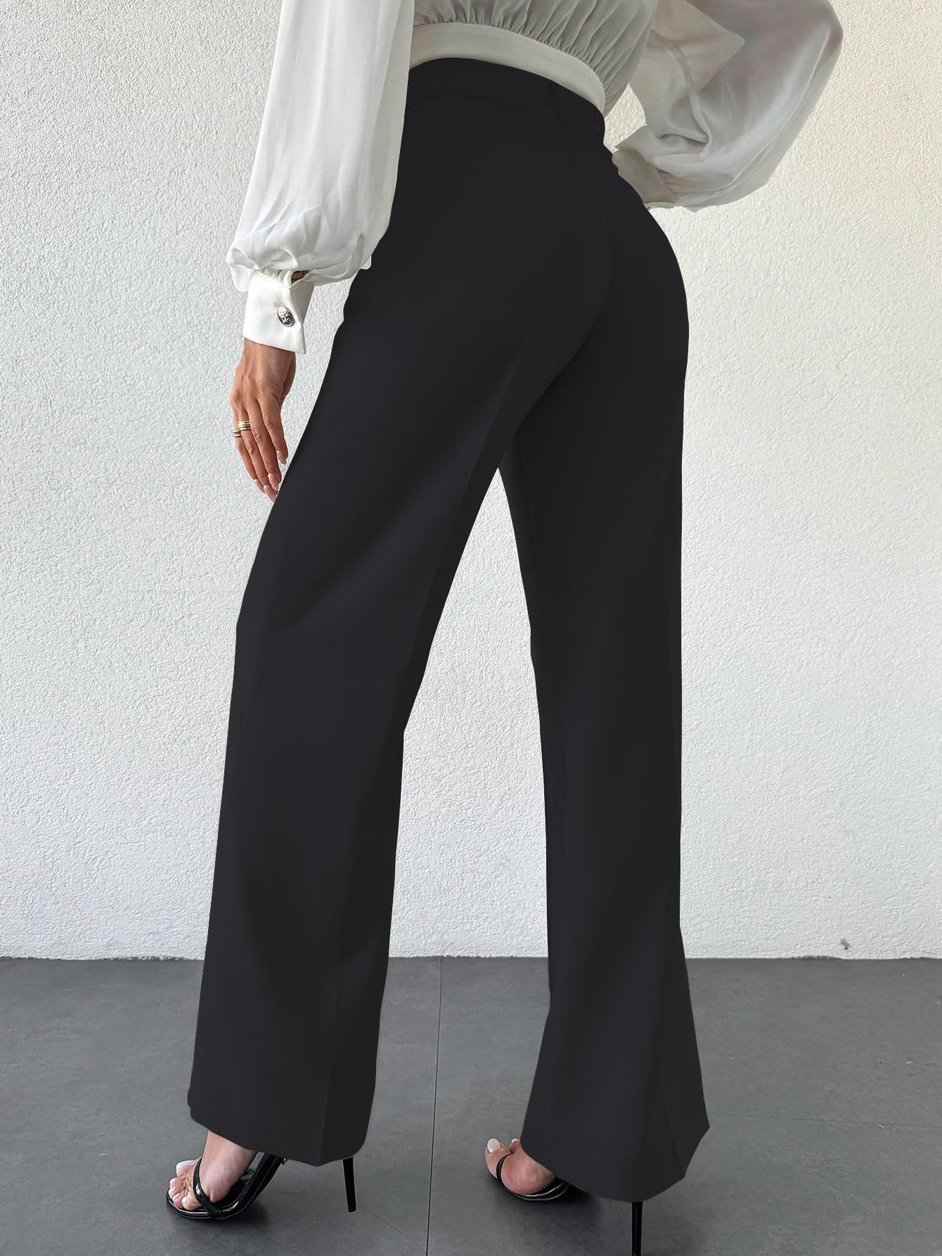 Shasmi Womens Solid Black Color High Waist, Wide Straight-Leg Loose Fit, Front Button Closure, Simple Daily Casual Long Pants w