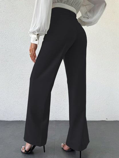 Shasmi Womens Solid Black Color High Waist, Wide Straight-Leg Loose Fit, Front Button Closure, Simple Daily Casual Long Pants w