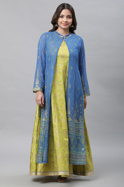 Green Embellished Long Kurta & Blue Gilet Set_23Auas14693-507728
