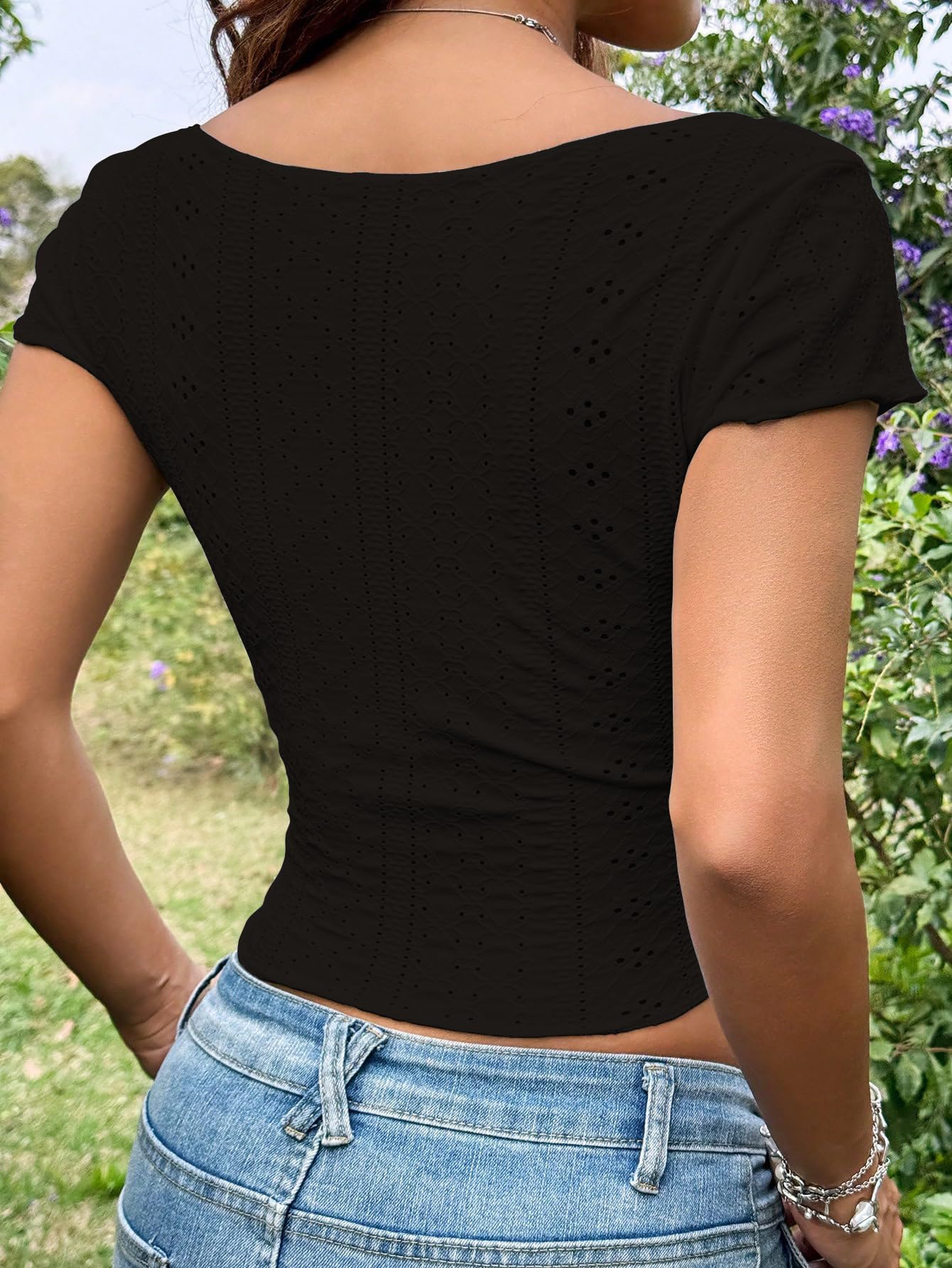 Sugathari Girls & Womens Black Eyelet Embroidery Knitted Square Neck Casual Slim Fit Women T-Shirt, Short Sleeve Schiffli Crop