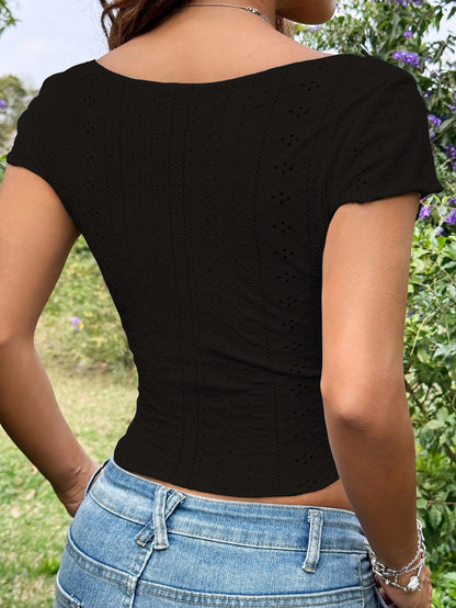 Sugathari Girls & Womens Black Eyelet Embroidery Knitted Square Neck Casual Slim Fit Women T-Shirt, Short Sleeve Schiffli Crop