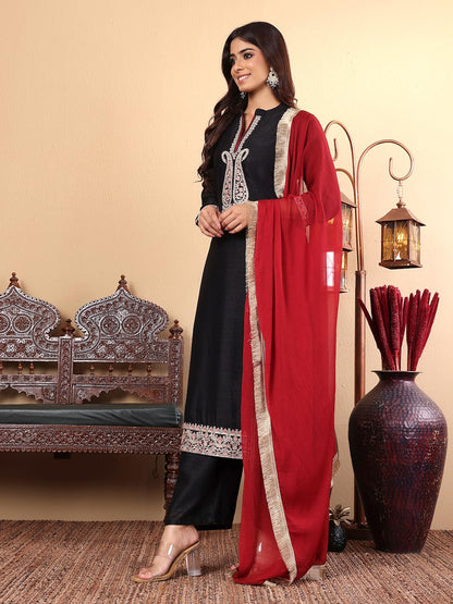 Varanga Women Black Zari Embroidered Kurta With Bottom And Dupatta