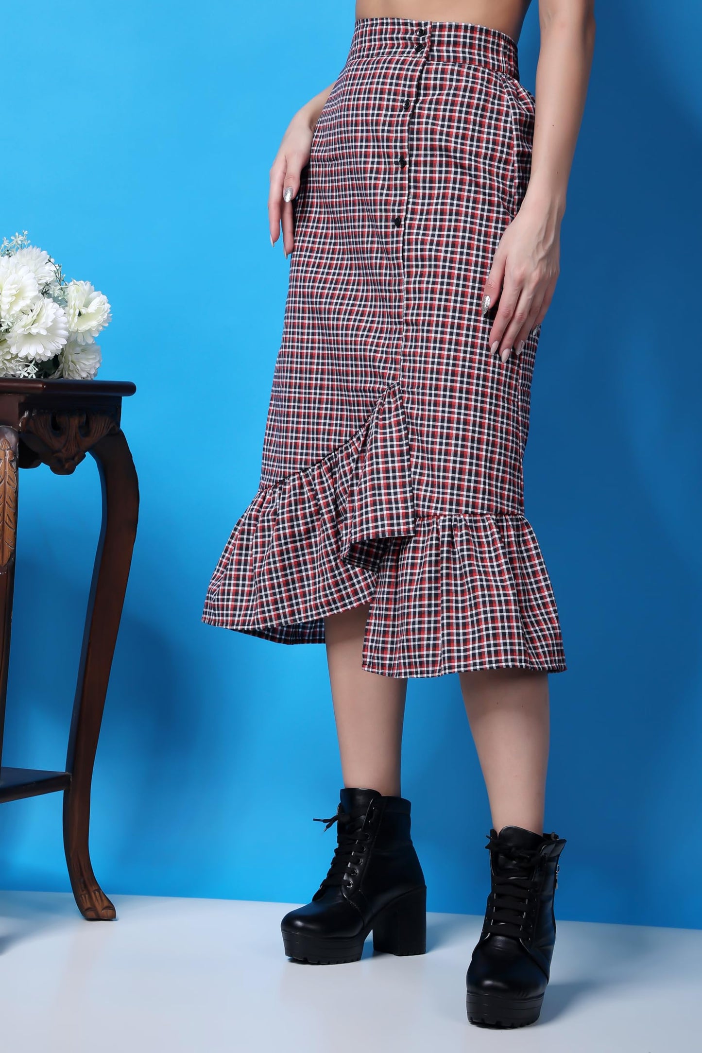 POPWINGS Casual Check Print Long Flare Skirt for Women | Cotton Skirt for Women Skirt for Women Red