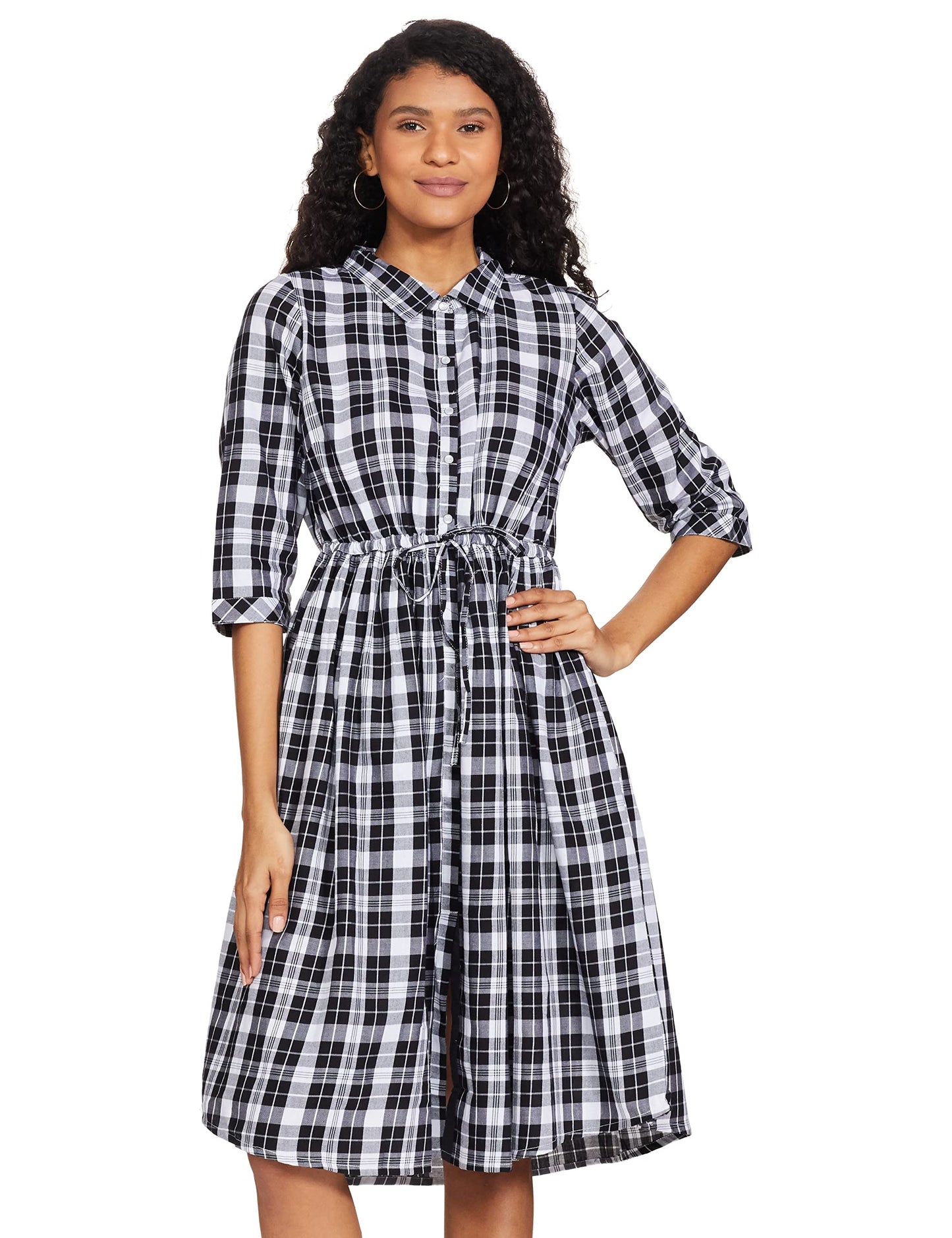 Aurelia Women'S Cotton Black Mandarin Neck Yarn-Dyed Dress Knee-Length (21Fea11522-701449 Xl)