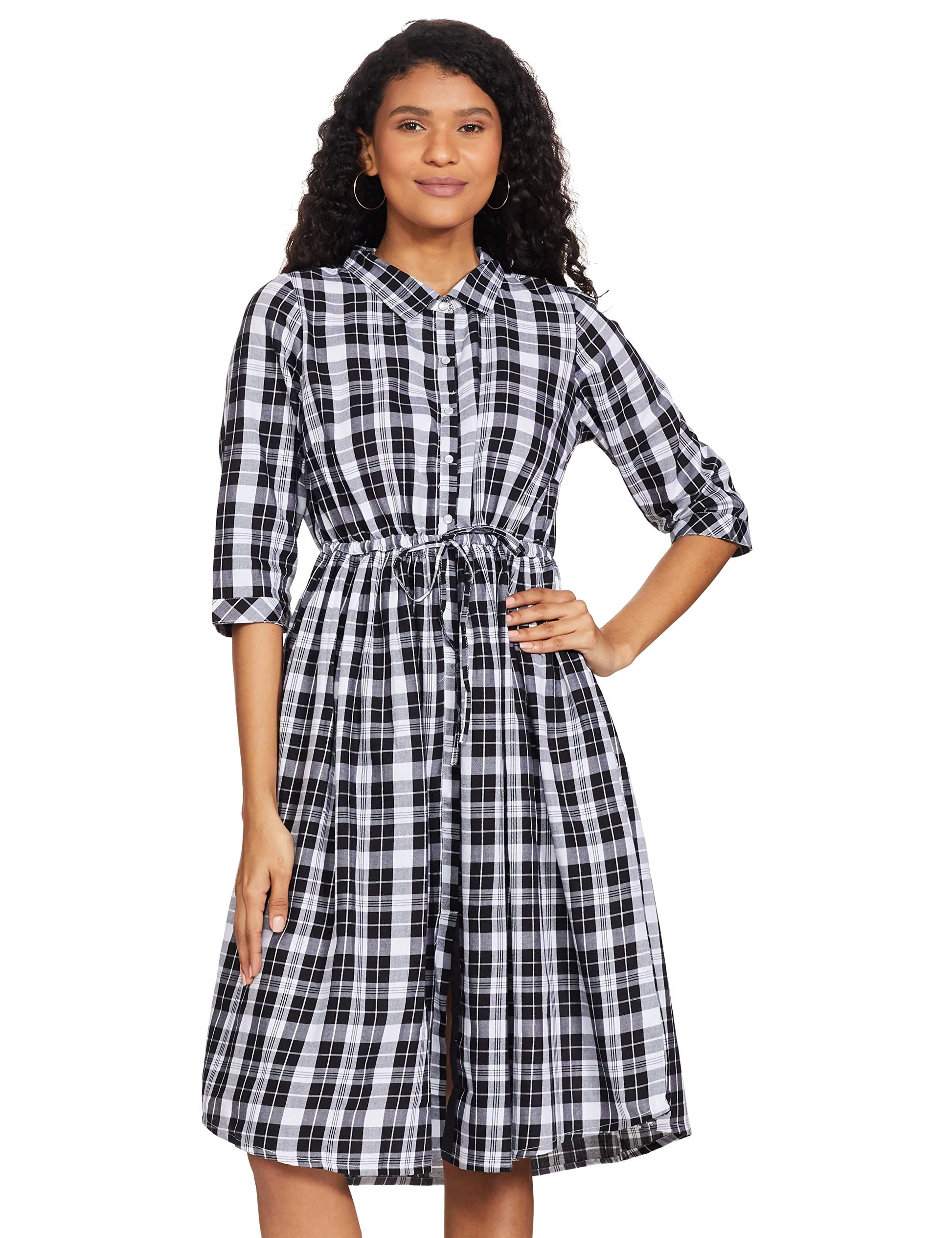 Aurelia Women'S Cotton Black Mandarin Neck Yarn-Dyed Dress Knee-Length (21Fea11522-701449 Xl)