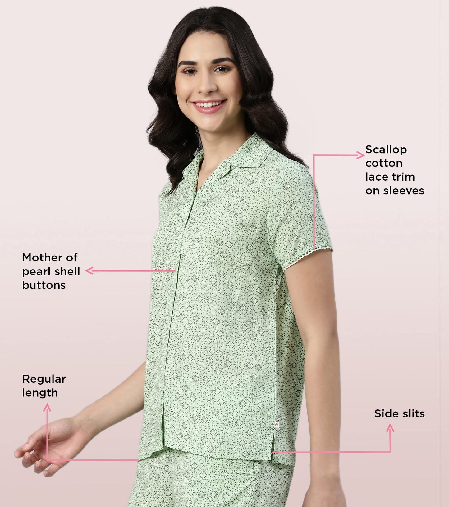 Enamor EC13 Printed Slounge Shirt and Shorts Set for Women with Scallop Lace Trim