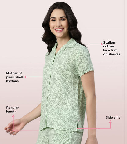 Enamor EC13 Printed Slounge Shirt and Shorts Set for Women with Scallop Lace Trim