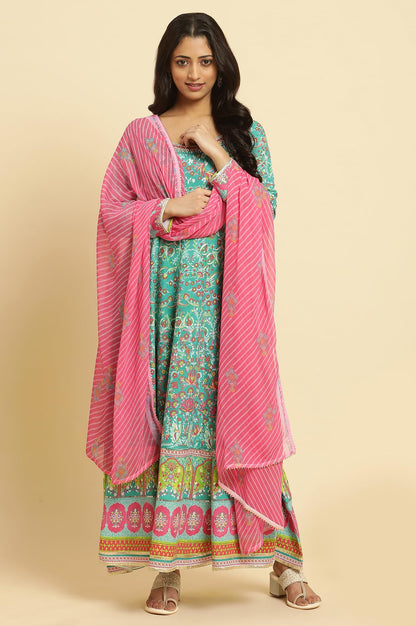 W Womens Green Floral Printed Kurta Dupatta Bottomwear with Thread Work