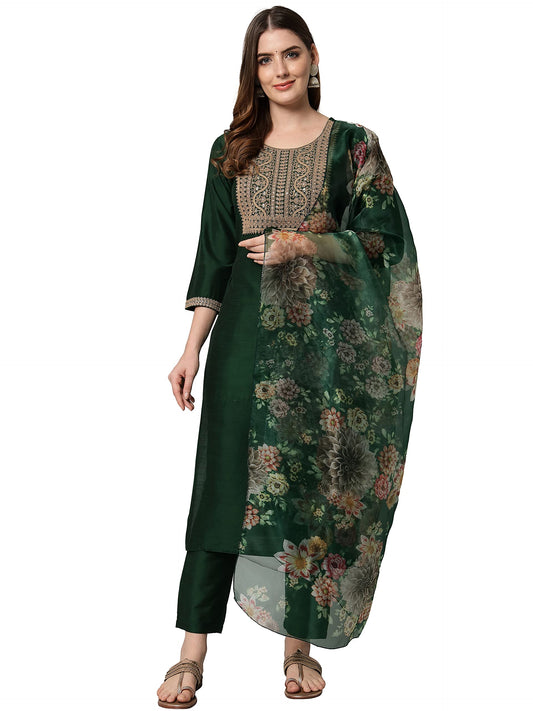 Vredevogel WomenS Embroidered Floral Cotton Silk Blend Kurta Pant And Dupatta Set (Green_Medium)