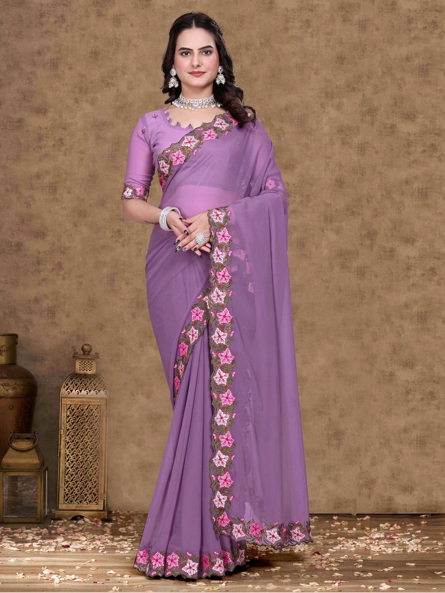 Suketa WomenS Soft Georgette Saree With Floral Printed Border Unstitched Blouse Piece Solid Pattern | Saree For Woman Daily Wear