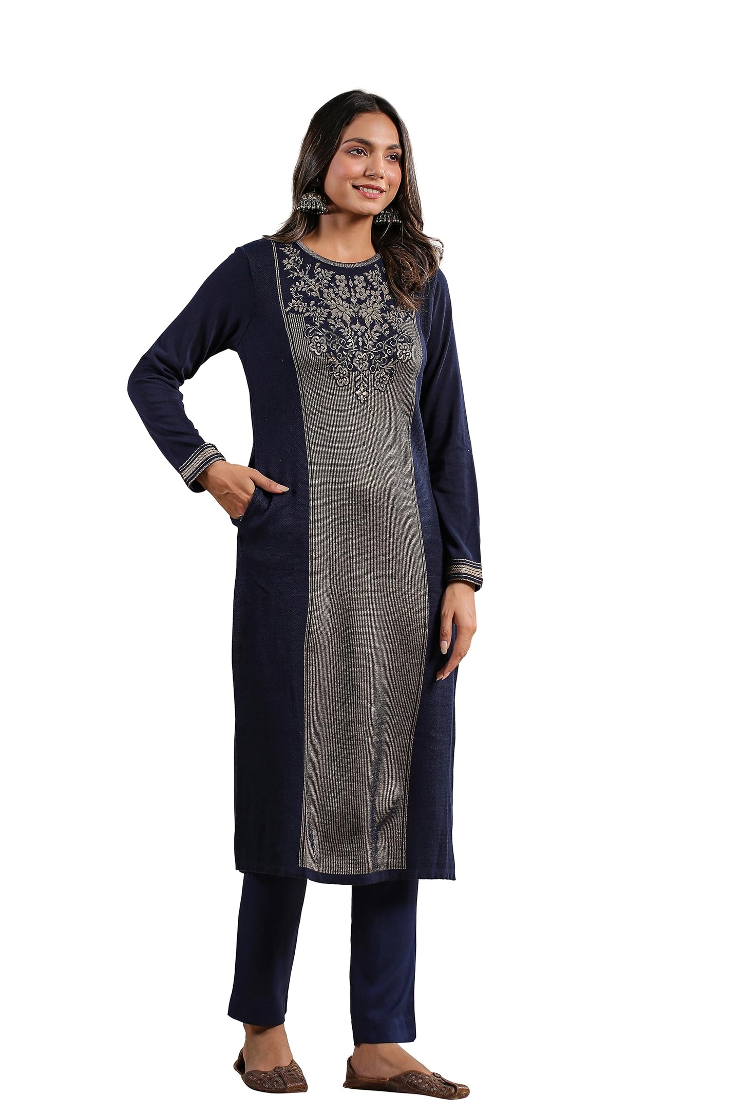 Ishin WomenS Navy Blue Jacquard Style Ethnic Motifs Straight Winterwear Kurta