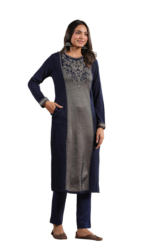 Ishin WomenS Navy Blue Jacquard Style Ethnic Motifs Straight Winterwear Kurta