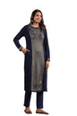 Ishin WomenS Navy Blue Jacquard Style Ethnic Motifs Straight Winterwear Kurta