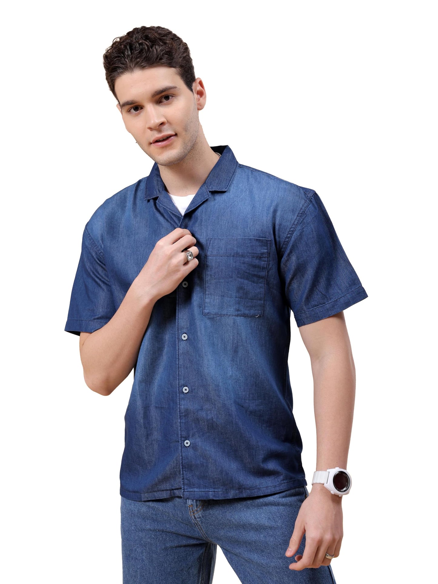 The Indian Garage Co Men Blue Relaxed Fit Solid Camp Collar Street Wear Shirt (Blue_M)