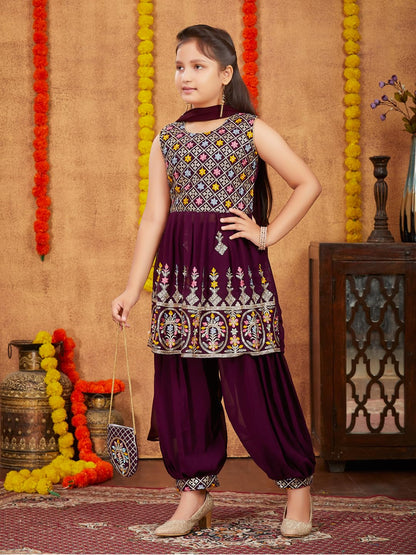 Aarika Girls Ethnic Wear Purple Colour Thread Sequin Embroidery Georgette Kurti Patiala Set With Sling Bag (4-10 Years)
