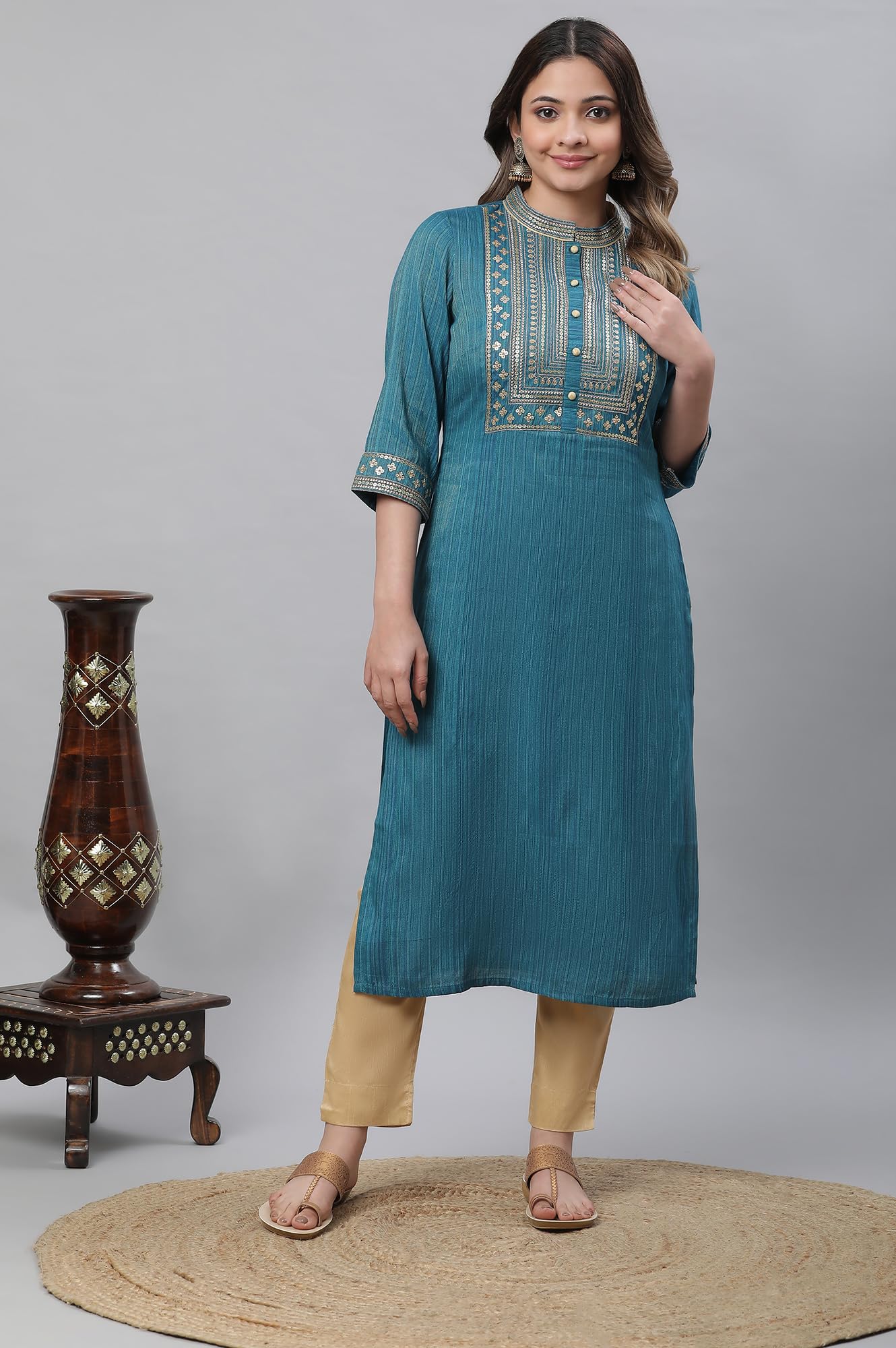 Aurelia WomenS Blue Embellished Lurex Stripes Kurta