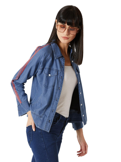 Miss Chase Womens Polo Neck Full Sleeve Bomber Denim Jacket (MCAW19DEN05-56-318-03, Charlotte Blue, S)